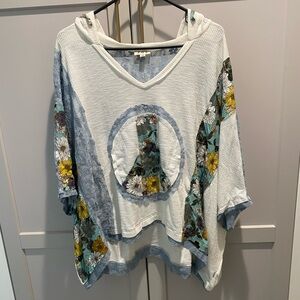 Women’s New POL Floral Peace Sign lightweight Hoodie -Blue, White, & Green tones